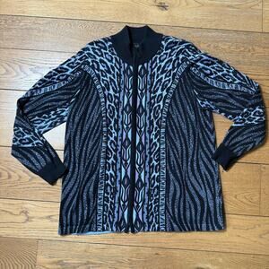 Bob Mackie Wearable Art Cardigan SZ L Zip Mock Neck Black Purple Animal Wild